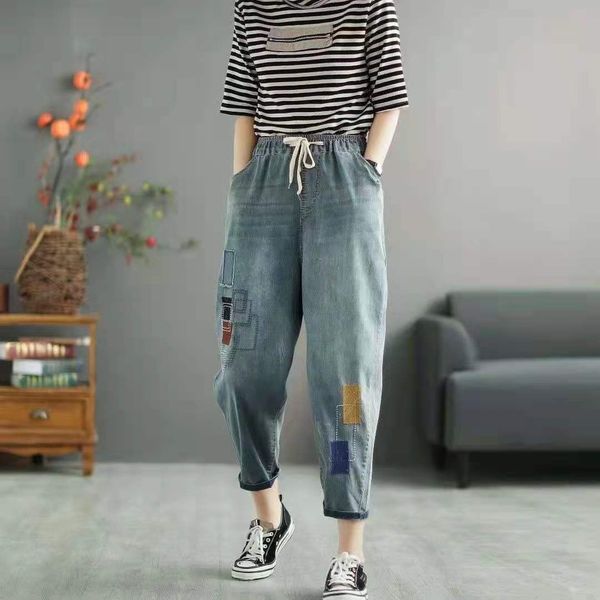

women's jeans arrival summer korean style women loose casual elastic waist harem pants all-matched embroidery cotton denim w274 ja7x, Blue