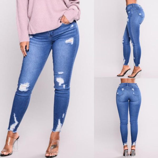 

women's jeans ladies'high waist with holes in elasticity and small feet casual all seasons pants for women, Blue
