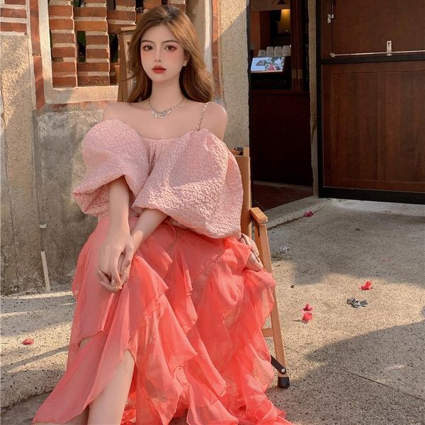 

skirts 2-ppece skirt female summer retro lantern sleeve tube small shirt + irregular handmade flower petal elastic waist, Black
