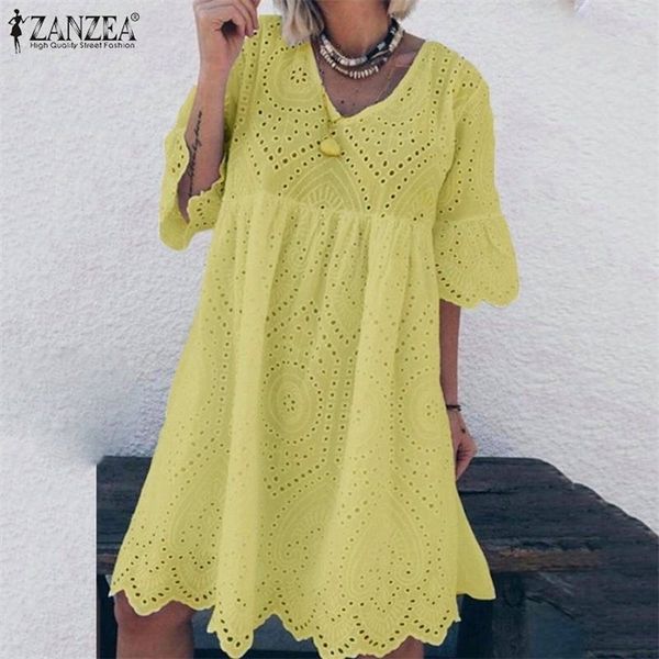 

zanzea 2021 bohemain lace dress womens summer sundress fashion flare sleeve knee length vestidos female hollow cotton robe 5xl, Black;gray
