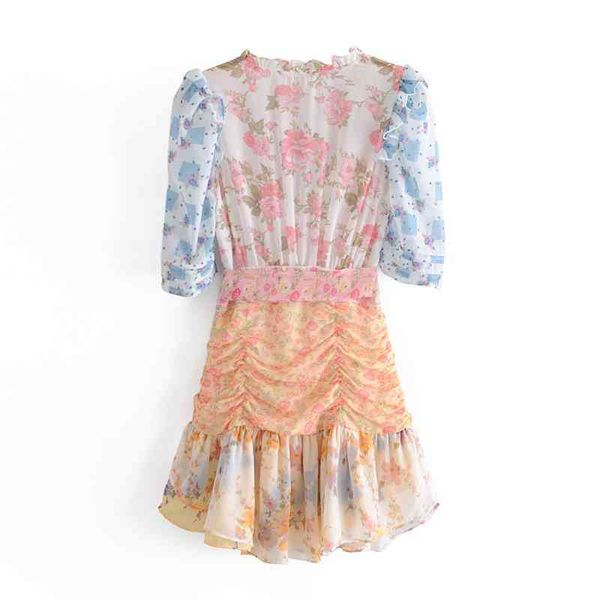 

women's t-shirt france short puff sleeve floral print hit color dress retro women pleated ruffle tie bow sashes mini dresses holiday ca, White
