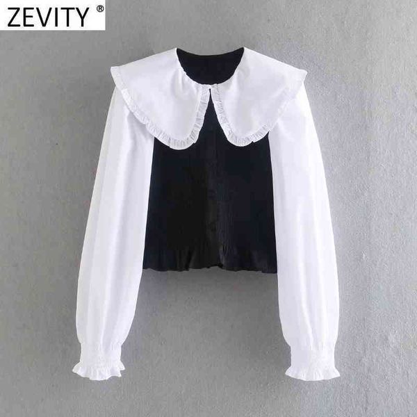 

zevity women vintage agaric lace peter pan collar patchwork elastic slim smock blouse female short shirt chic blusas ls9037 210419, White