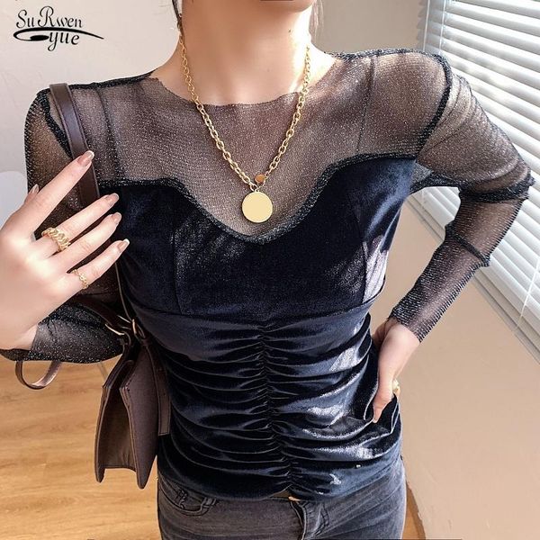 

women's blouses & shirts 2021 fashion korea mesh women blouse and office lady o neck elegant long sleeve solid female clothing 12942, White