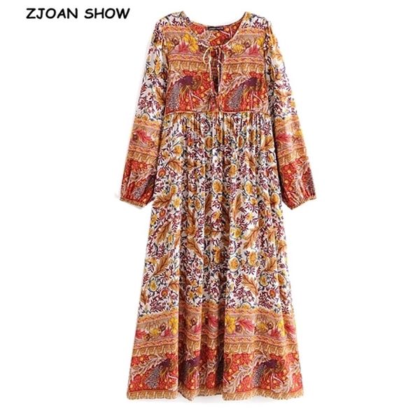 Outono Bohemian Lace Up V Pescoço Pavão Floral Impressão Maxi Longo Vestido Boho Hippie Mulher Bandage Manga Vestidos Vestido 210429