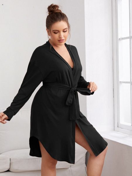 

plus solid belted robe b0b2#, Black;white