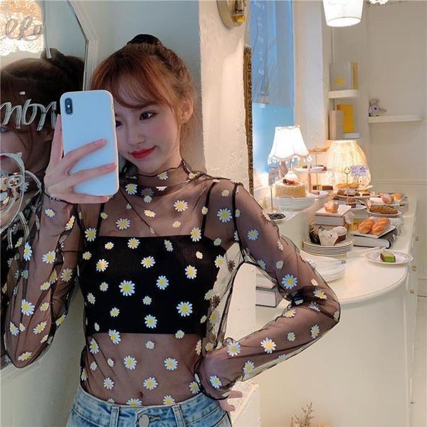 

see through small chrysanthemum mesh womens gauze long sleeve transparent sun protection ladies turtleneck summer t shirt cap top, White