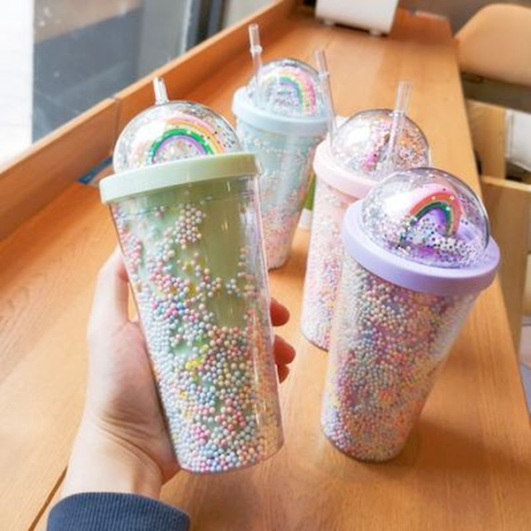 

double layers rainbow plastic water bottle with straw korean style creative sweet mug for milk coffee tea cup, Slivery;golden