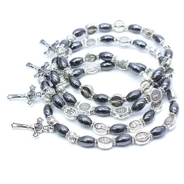 

icona religiosa cristiana perline nere bracciale con croce bracciale gioielli perline rosario, Black
