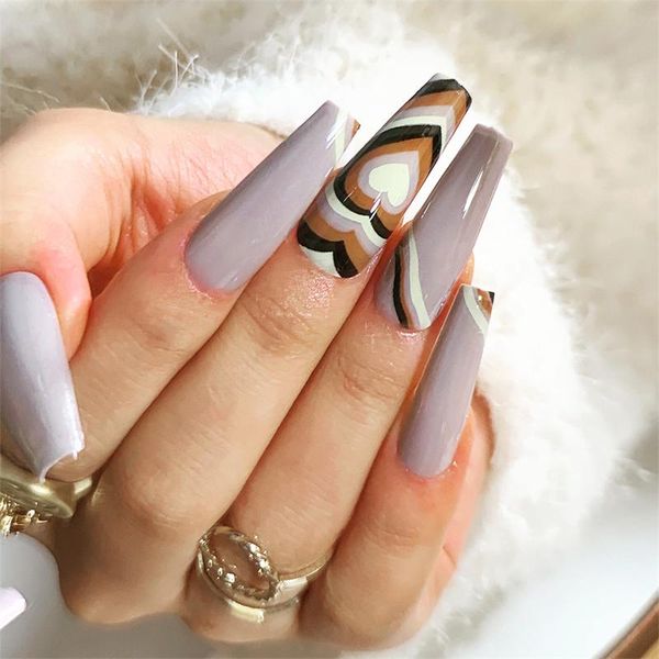 

false nails stripe love heart designs long coffin ballerina fake press on nail with glue manicure artificial art tips, Red;gold