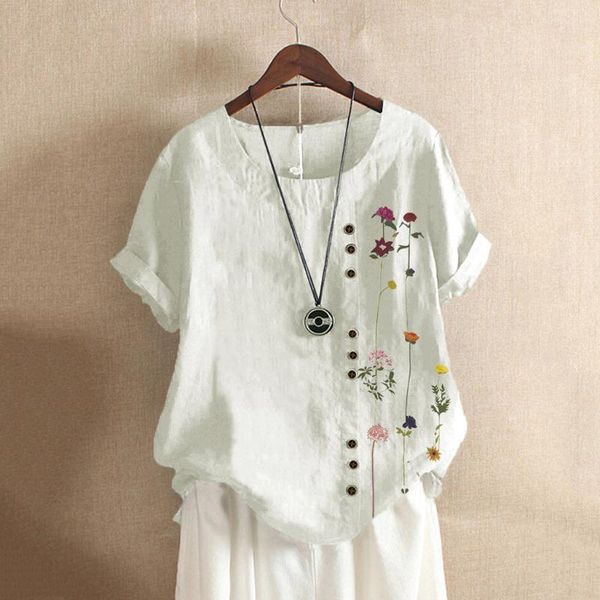 

women's blouses & shirts feitong plus size womens and short sleeve floral printed buttons o-neck shirt blouse streetwear vintage, White