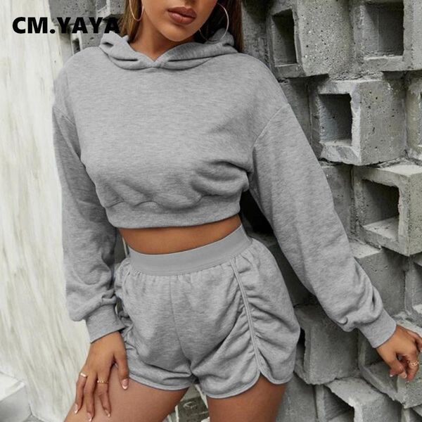 

women's tracksuits cm.yaya women tracksuit solid hooded crop and shorts two 2 piece sets female casual outfits fashion set autumn 2021, Gray