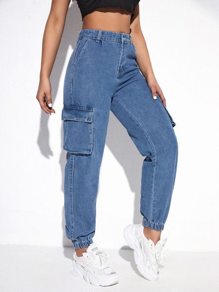 

high waist contrast stitch cargo jeans g09z#, Blue