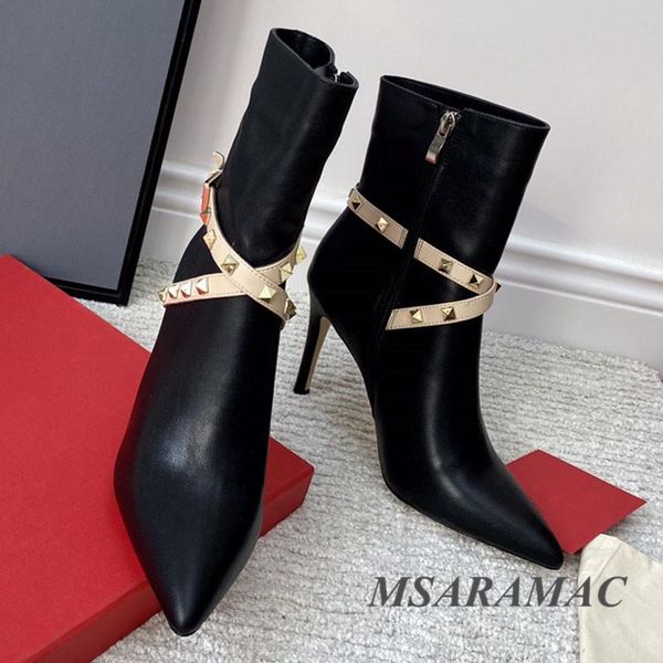 

boots fashion belt buckle rivet high heel ankle leather pointed toe stiletto short street ladies party shoes, Black
