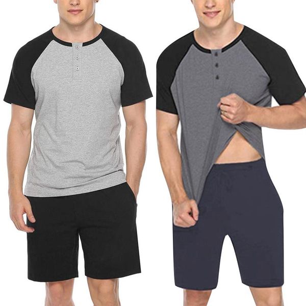 

men's tracksuits male summer breathable leisure suit, men simple style mixed color raglan short sleeve round collar + shorts set, Gray