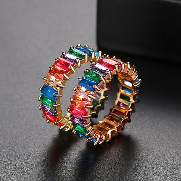 

wedding rings elegant cubic zirconia rainbow baguette ring for women men multicolor crystal bague femme fashion jewelry, Slivery;golden
