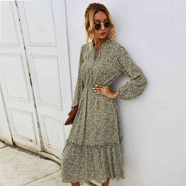 Jastie Bohemian Style Frauen Kleid Chic Lace Up V-Ausschnitt Langarm Herbst Kleider Casual Boho Midi Kleid Strand Vestidos 210419