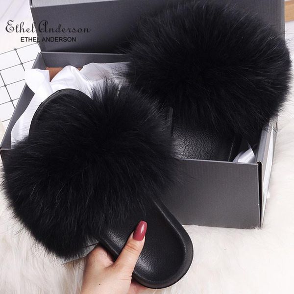 

slippers women's summer fur slides real outdoor indoor sliders fashion genuine shoes, Black