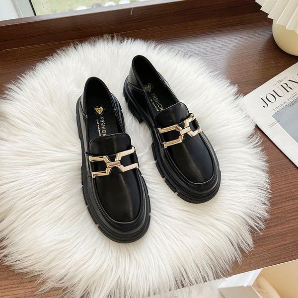 

dress shoes british style loafers 2021 round toe thick soles versatile women for, Black