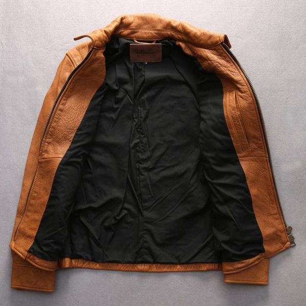 

jacket solid leather men import thick goatskin turn down collar yellow multi-pockets ziper black casual sheepskin coat for man men's &