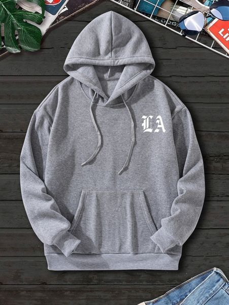 

men letter graphic kangaroo pockets thermal lined hoodie h7gc#, Black
