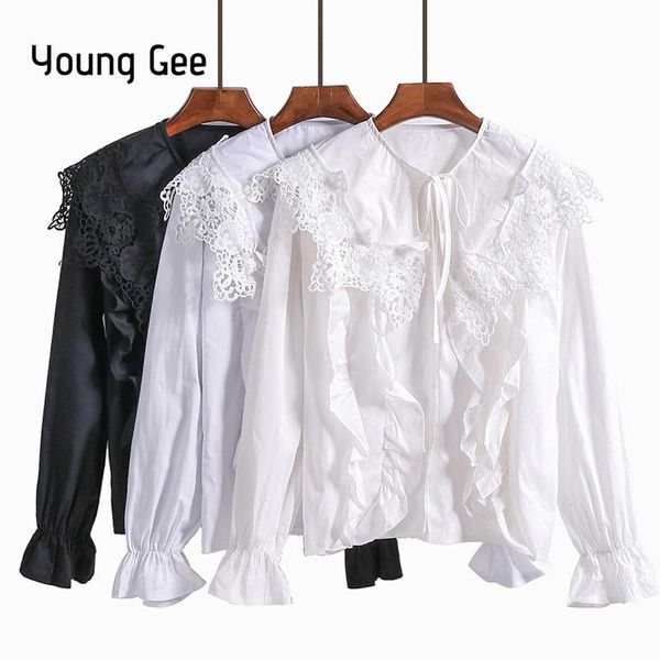 

women's blouses & shirts young gee white black chemise femme lace blouse women flare long sleeve blusas camisas femininas 2021 ropa mu