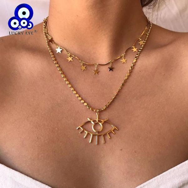 

lucky eye star tassel turkish evil necklace gold color multi layer chain pendant for women girls jewelry le403 necklaces, Silver