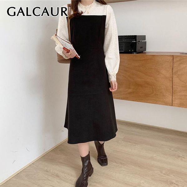 

casual dresses galcaur vintage dress for women stand collar long sleeve high waist oversized patchwork hit color lace female 2021 tide, Black;gray