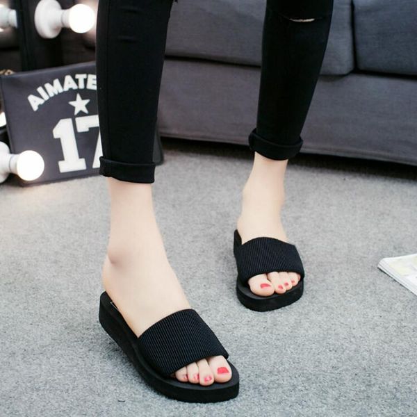 

women shoes summer thick bottom bathroom slippers wedge sand beach flip-flops ladies multicolor high-heeled, Black