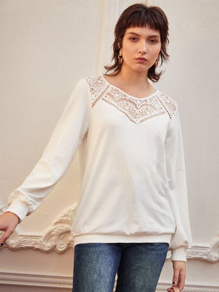 

contrast guipure lace pullover w6s8#, White;black