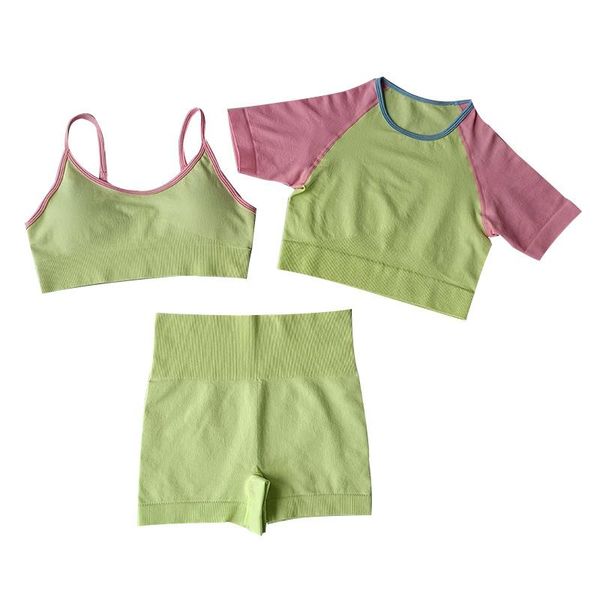 

yoga outfit seamless fitness set clothes shockproof gather straps bra short-sleeve shirts running shorts 3 piece women suit