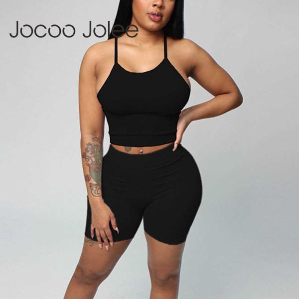 

jocoo jolee two pieces sets strap tanks and shorts suit knitted camis europe style solid club suits tracksuits 210619, White