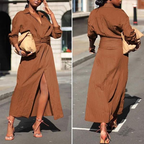 

autumn long sleeve elegant dress 2021 celmia women's lapel casual high split party vestidos loose robe female plus size dresses, Black;gray