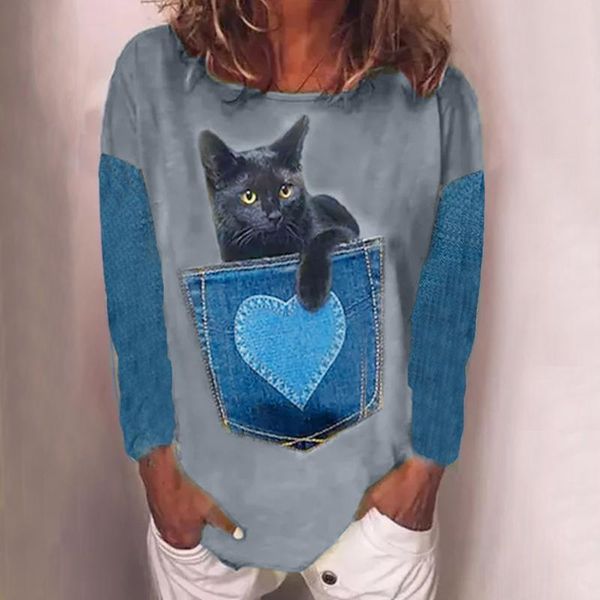 

women's t-shirt 40# women t-shirts plus size long sleeve 3d animal printed o-neck denim patchwork tee streetwear, White