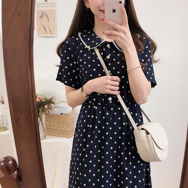 

plus size summer girls women dresses boho party vintage print blue dot collar short sleeve vestido, Black;gray