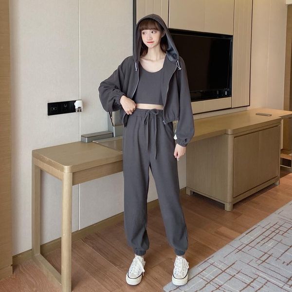 

women's two piece pants 2021 autumn and winter ladies suit short zipper sweater jacket slim vest overalls leisure sports three-piece, White