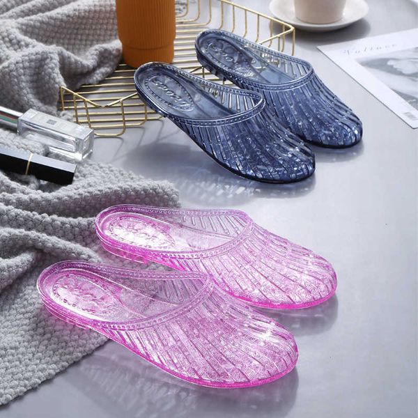 

2021 fashion hollow transparent shoes women summer sandals indoor bathroom flat slides soft ladies flip flops zapatos de mujer y0721, Black
