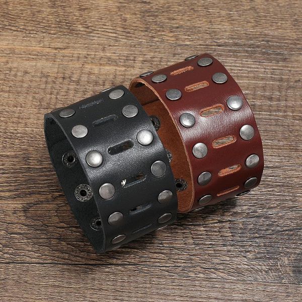 

black brown genuine leather bracelets punk men rivet simple fashion wrap gift tennis, Golden;silver