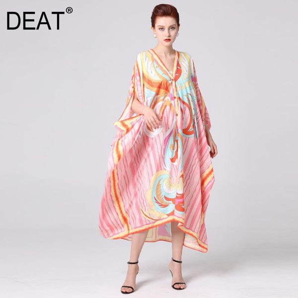 

robe femme hit color print dress woman over sized batwing sleeve thin v collar bohemian style desses 2021 summer 961 casual dresses, Black;gray