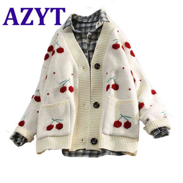 

azyt fruit cherry embroidery knitted cardigan autumn winter v neck oversize woman sweater cardigan jacket warm knitwear 211117, White