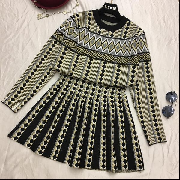 

womens tracksuits women vintage knit sweater skirts sets geometric printed female woman knitting clothing suits, Gray
