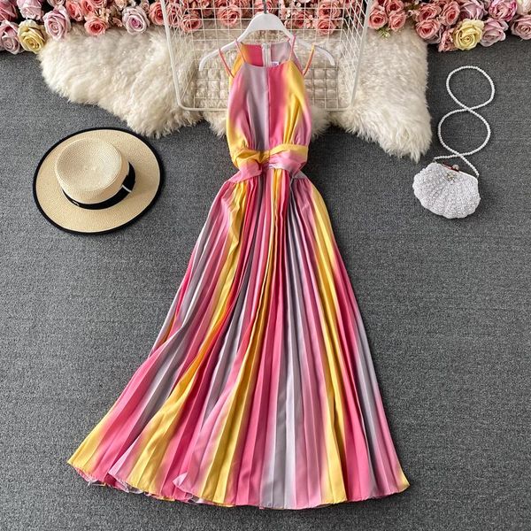 

summer rainbow gradient print long spaghetti strap dress women halter high waist draped big swing pleated casual dresses, Black;gray