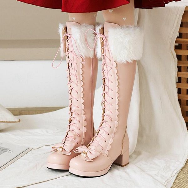 

boots gigifox brand big size 43 chunky heels sweet bow tie shoelaces warm fur winter lolita stylish calf boot women shoes, Black