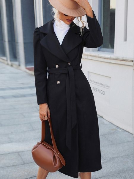 

puff sleeve belted double breasted overcoat u4zl#, Black