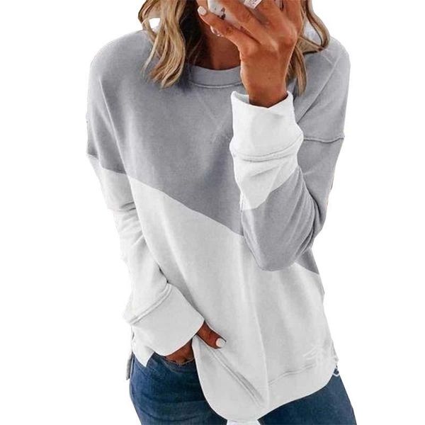 

women's t-shirt autumn irregular patchwork t shirt women long sleeve harajuku casual loose o neck grey female, White