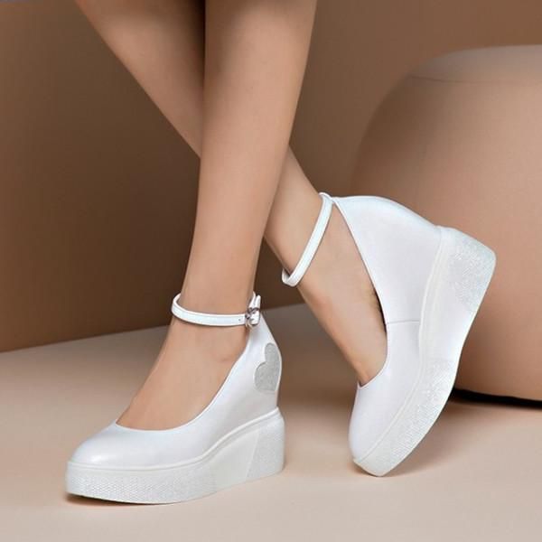 

dress shoes pxelena genuine leather women pumps hidden high heels wedges platform ankle strap lady party office date heart shaped 2021, Black