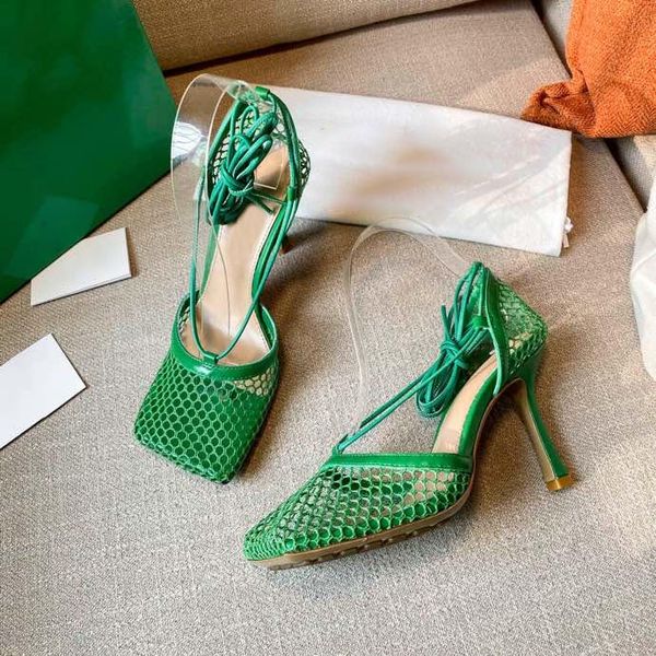 

Personalized design fishing net high heeled shoes summer party women's high heeled sandals ankle lace up square sandals dress shoes