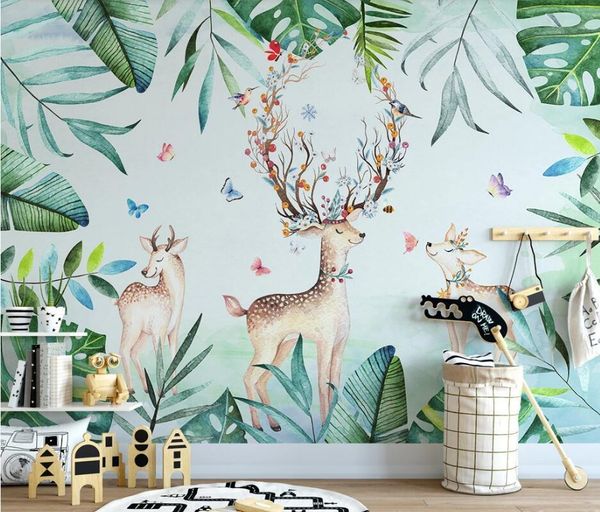 

wallpapers ainyoousem green banana leaf elk children's room background papel de parede wallpaper 3d stickers