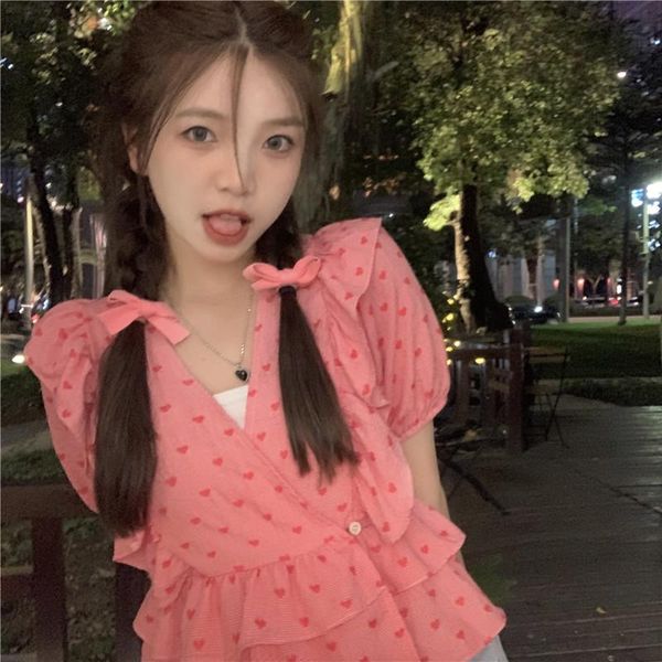 

women's blouses & shirts summer retro french v-neck loose and thin short lotus leaf puff sleeve pink polka dot cute blouse female, White