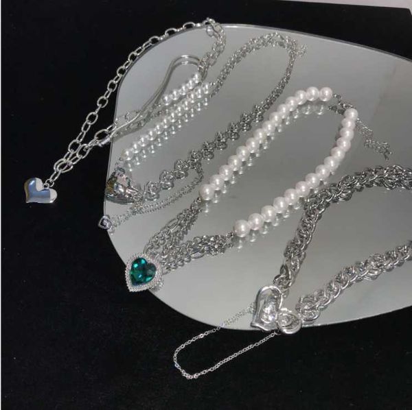 

chains love series necklace hollow green inlaid zircon pearl chain stitching clavicle female, Silver
