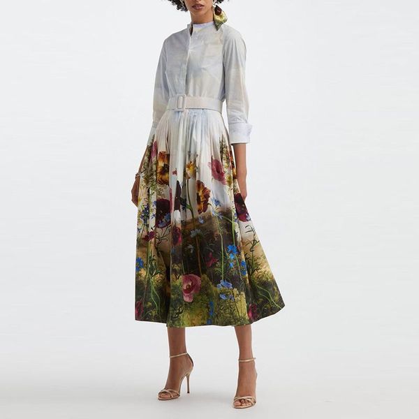 

casual dresses runway 100%cotton gradient dyed oil painting style with a belt dress holiday 210821xp.02, Black;gray